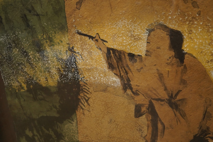 A large Japanese hand painted panel depicting figures before a landscape, framed, 88 x 104cm